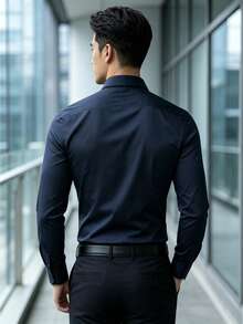 Men's Casual Business Long Sleeve Plain Black Dress Shirt, Versatile, For Fall - Navy Blue - View 2