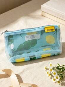 L'Occitane Light Blue Mesh Lemon Print Zipper Cosmetic Bag Transparent Portable Travel Toiletry Pouch Quick Find Skincare Makeup Storage Bag Gift For Women - Baby Blue - View 3