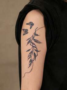Herbal Juice Semi-Permanent Magic Tattoo Sticker, Minimalist Ins Style Branch Leaf Butterfly Pattern, Long-Lasting 14 Days, No Fading, No Reflection, Temporary Tattoo Sticker For Arm, Leg, Body, 1pc/Pack - Blue - View 3
