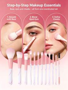 16 Pcs Professional Makeup Brush Set, Foundation Brush, Blush Brush, Eyeshadow Brush, Eyebrow Brush, Contour Brush, Powder Brush, Complete Makeup Tools Kit, Travel Essential Pink - Pink - View 7