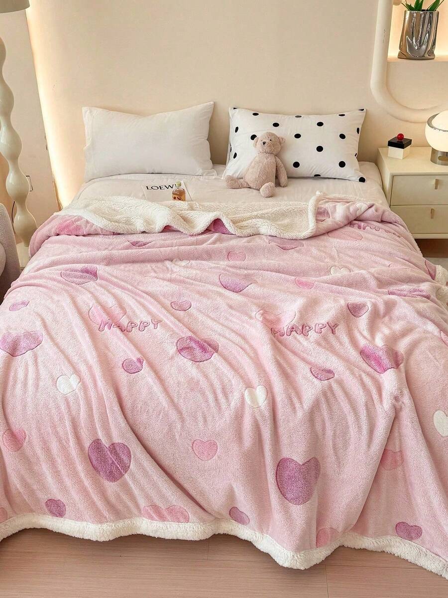 1pc Pink & Beige Heart Pattern Blanket, Warm & Thick, Soft & Comfortable, Suitable For Home Decor, Bed, Sofa, Office, Room Decoration, Dorm, Machine Washable, Back To School Dorm Decor College Decor - Pink - View 1
