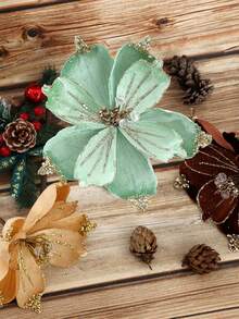 1Pc Glitter Velvet Artificial Christmas Poinsettia Flowers,Beaded Fabric Floral Picks,Decorative Flower Stems For Christmas Tree,Table Centerpiece - Multicolor - View 6