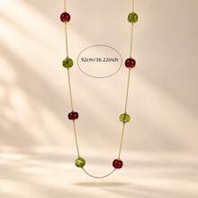 1pc Women's Red & Green Transparent Beaded Long Gold Necklace, Elegant Bohemian Style Sweater Chain For Autumn/Winter, Daily Commute, Party And Holiday Gift Jewelry - Multicolor - View 3