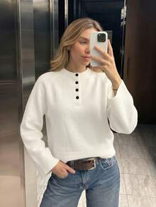 Fashionable White Round Neck Ribbed Knit Raglan Sleeve Women's Sweater, Long Sleeve Pullover, Suitable For Vacation And Holiday, Autumn/Winter Wear - White - View 4