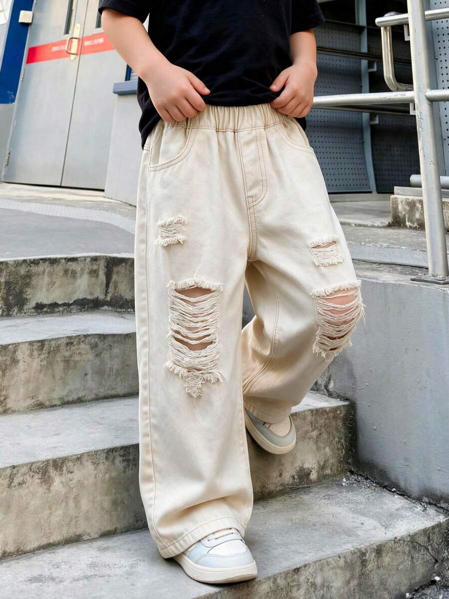 男童牛仔磨損街頭風寬腿牛仔褲，時尚休閒日常穿著 - 杏色 - 查看 1
