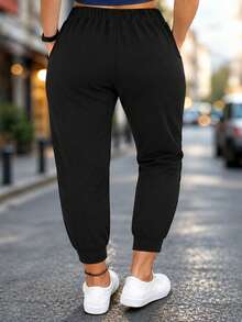 Plus Size Women's Solid Color Drawstring Waist Jogger Pants Casual Black Spring - Black - View 3