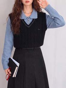 Women's Preppy Cable Knit Pullover Vest, V-Neck Fashion Warm Knit Sweater, Versatile Layering Essential - Black - View 5