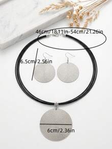 3pcs Vacation Style Shiny Silver Textured Disc Earrings Set, Bohemian Leather Cord Necklace, Versatile Party Jewelry For Women - Silver - View 3