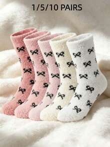 1/5 Pairs Women's Bow Knot Plush Socks, Comfortable Winter Socks, Soft Warm Mid-Calf Socks, Suitable For Cold Weather, Home, Sleep And Daily Wear, Fuzzy Knitted Socks - Multicolor - View 5