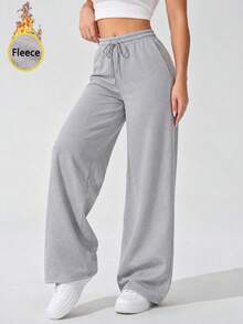 Women's Thermal Lined High Waist Wide Leg Sweatpants With Drawstring Relaxed Fit Casual Lounge Pants For Everyday Wear. - Grey - View 3