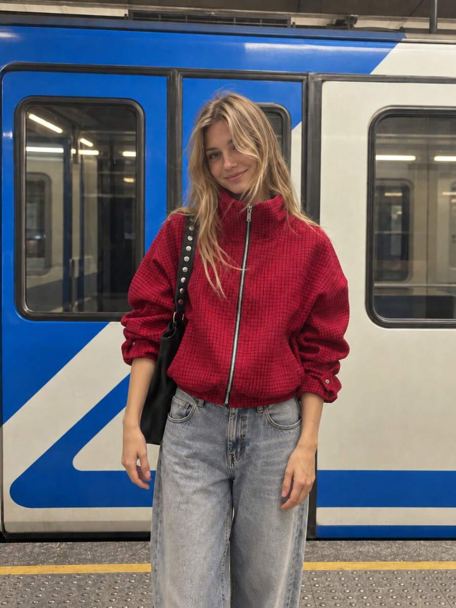 Fashion Plaid Stand Collar Zipper Short Jacket, Casual Loose Long Sleeve Outerwear, Suitable For Autumn - Red - View 1