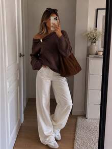 Women's Casual Cute Elegant French Style Gold Button Open Shoulder Long Sleeve Knit Sweater Pullover, Basic Autumn/Winter Outfit Wear - Brown - View 4