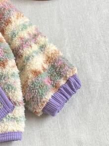 Baby Girl Vintage Tie-Dye Plush Cardigan, Colorblock Ribbed Trim Single-Breasted Pocket Warm Autumn/Winter Jacket - Purple - View 6
