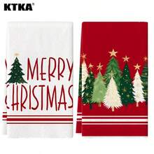 2pcs Minimalist Christmas Tree Kitchen Dish Towels, Merry Christmas Letter Print Napkins, Holiday Winter Home Decor Tea Towels - Red and White - View 8