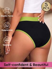 5pcs Women Plus Size Contrast Color Elastic Waist Casual Comfortable Knit Triangle Panties - Multicolor - View 2