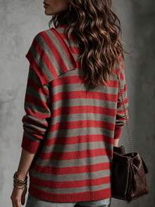 Women Striped Draped Collar Open Front Knit Cardigan, Long Sleeve Loose Fit Pocket Design Fall Casual Sweater Coat - Multicolor - View 3