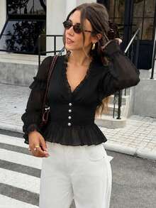 Vintage Blouse With Ruched Waist And Ruffle Hem, Solid Color Chiffon Front Button-Down Gathered Chiffon Top For Dating All Seasons Black - Black - View 3