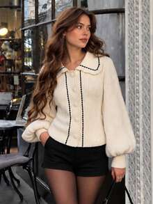 Elegant Preppy Style Women's French Vintage Colorblock Trim Sweet Peter Pan Collar Front Button Long Sleeve Knit Cardigan Sweater Autumn - Apricot - View 4