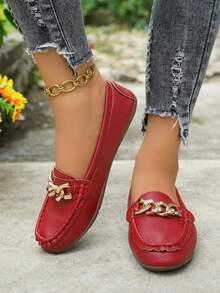 Sepatu Loafer Slip-On Rantai Emas Bergaya Baru untuk Wanita, Sepatu Kasual Datar Karet Ringan dan Nyaman Serbaguna - Merah - View 5