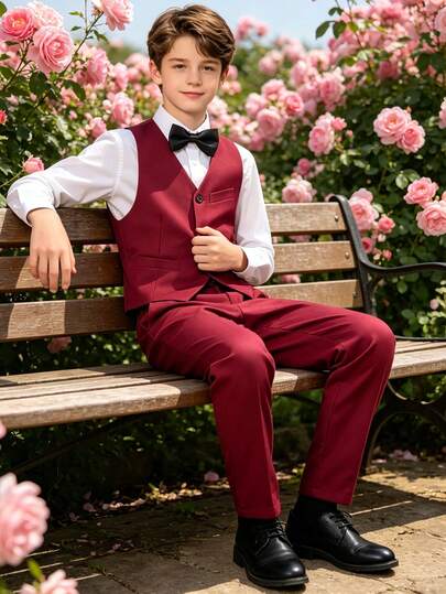 Setelan Jas 4 Potong untuk Anak Laki-Laki Usia 6-16 Tahun, Tuxedo Formal untuk Balita, Seragam Pembawa Cincin, Rompi, Celana, Suspender, dan Dasi untuk Pernikahan, Setelan Jas Formal, Abu-abu Merah Marun