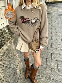 Women's Plus-Size Casual Crew-Neck Faux-Knit Sweater With Dachshund Graphic Print – A Versatile Top For Autumn And Winter, Perfect As A Christmas Gift - Camel - View 4