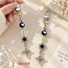 1pc/2pcs Unisex Personalized Four-Pointed Star Pendant Cylindrical Bead Heart Four-Leaf Clover Keychain, Vintage Bag Charm, Luggage Accessory - Multicolor - View 2