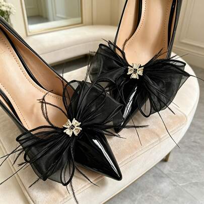 2pcs Black Mesh Feather Bow Shoe Clips, Accessories For High Heels, Shoe Decorations, Suitable As Gift For Girlfriend