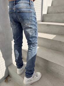 Celana Jeans Pria Slim Straight Leg dengan Detail Sobek dan Garis-Garis, Serbaguna untuk Perjalanan dan Pakaian Kasual, Celana Panjang Denim yang Membuat Tubuh Terlihat Ramping - Biru - View 5