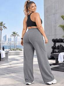 Plus Size Women's High Waist Wide Leg Yoga Pants, Drawstring Tummy Control Athletic Pants, Loose Workout Gym Running Casual Trousers - Dark Grey - View 2