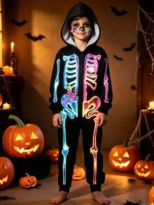 Girls Boys Scary Colorful Skeleton Skeleton Hooded Long Sleeve Costume Jumpsuit Halloween Cosplay Party Performance - Multicolor - View 2