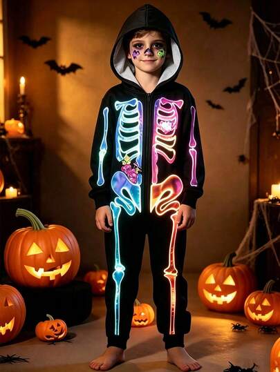 Girls Boys Scary Colorful Skeleton Skeleton Hooded Long Sleeve Costume Jumpsuit Halloween Cosplay Party Performance