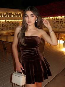 Women's Velvet Mini Tube Dress, Ruched Waist Design, Layered Ruffle Hem, Suitable For Autumn Night Out, Cocktail Party, Nightclub, Halloween Costume - Brown - View 3