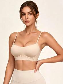 Lilivine Bra wanita tanpa jahitan dengan tali spaghetti, model U-shaped low-back bandeau tak terlihat, bra push-up setengah cup tanpa kawat yang bernapas, untuk pemakaian sehari-hari. - Khaki - View 1