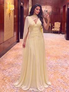 Women's Solid Color Pleated Elegant Waist-Cinching Cocktail Party Dress - Yellow - View 5