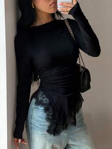 女款蕾絲不對稱下擺長袖上衣 - 黑色 - 查看 3