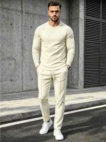 2pcs Men's Waffle Fabric Casual Outfit, Including Round Neck Long Sleeve T-Shirt, Pullover T-Shirt And Drawstring Sweatpants, Suitable For Spring And Autumn Seasons - Khaki - View 1