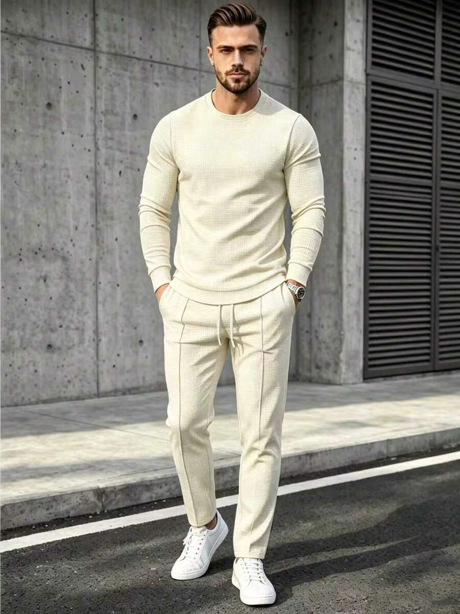 2pcs Men's Waffle Fabric Casual Outfit, Including Round Neck Long Sleeve T-Shirt, Pullover T-Shirt And Drawstring Sweatpants, Suitable For Spring And Autumn Seasons - Khaki - View 1