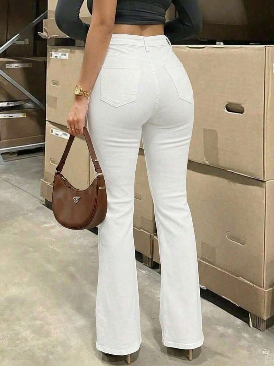 Plus Size White Flare Jeans, With Pockets And Zipper, High Elasticity Long Pants, Suitable For Daily Fashion Wear