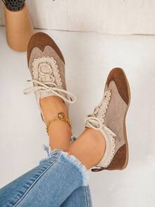 Women's Casual Sports Shoes, Retro Versatile Soft Sole Lace-Up Sneakers - Khaki - View 3