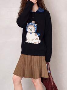 Women's College Style Jacquard Cat Knit Pullover Sweater, Striped Collar, Long Sleeve Regular Fit, Winter Fashion - Black - View 4