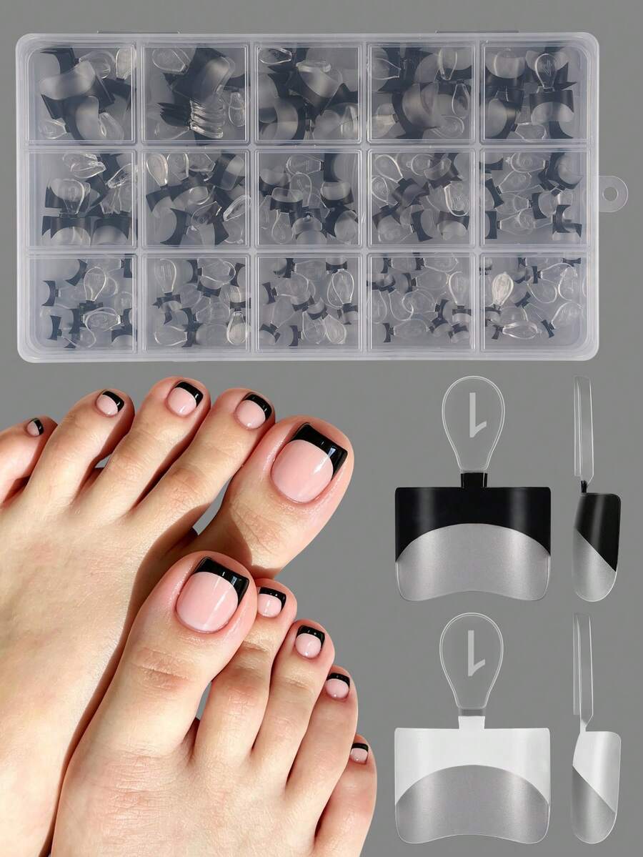 White French-Style Half-Cover Toenail Tips, Clear Soft Gel False Toenails, Medium-Width Square-Oval Shape, Unisex, Suitable For Acrylic Nail Art, Includes 15 Sizes. - View 1