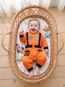 Interstellar Exploration Style Newborn Jumpsuit, Contrast Color Webbing Badge Decor Infant Long Sleeve Jumpsuit - Orange - View 4