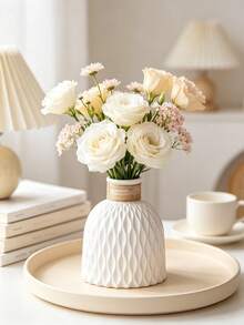 1pc Textured Vase, White Matte Wavy Pattern Vase With Rope Decor, Minimalist Farmhouse Style Decoration, Suitable For Dining Table, Living Room And Wedding Centerpiece Decor, Matte Farmhouse Style Decoration, Rope Decor Vase, Minimalist Gift - 1pc - View 1