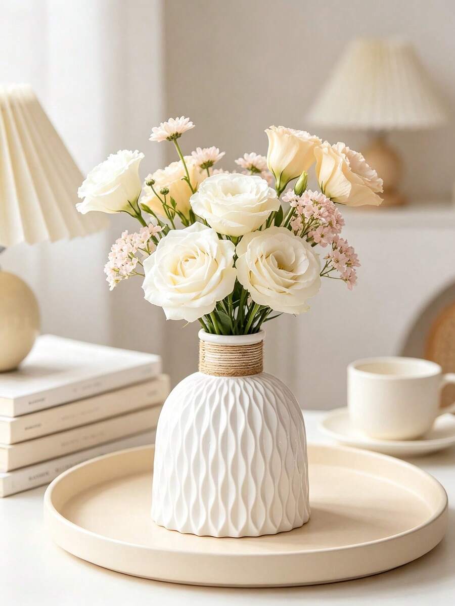 1pc Textured Vase, White Matte Wavy Pattern Vase With Rope Decor, Minimalist Farmhouse Style Decoration, Suitable For Dining Table, Living Room And Wedding Centerpiece Decor, Matte Farmhouse Style Decoration, Rope Decor Vase, Minimalist Gift - 1pc - View 1