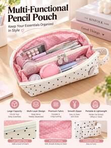 1pc Cute Polka Dot Semi-Circle Pencil Case, White Canvas With Black Dots, Highly Attractive Stationery Bag, Suitable For School And Office Use - Pencil Case - View 3