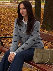 Cardigan Rajut Polkadot Leher Bulat Wanita, Sweater Kancing Nyaman, Cocok untuk Pakaian Musim Gugur/Musim Dingin, Thanksgiving, Halloween, Natal - Grey - View 10