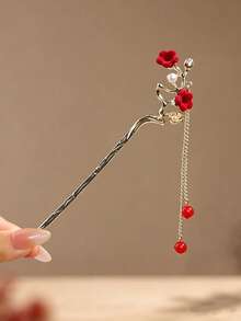 1pc Red Rose Tassel Hair Stick, Elegant Hair Accessory Tool, Suitable For New Chinese Style, Hanfu, Party, Date And Daily Commute - Multicolor - View 6