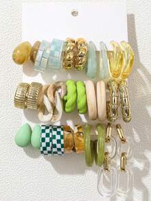 5-15 Pairs Autumn New Fresh Yellow-Green Water Drop Twisted Checkerboard Gradient Letter C Combination Earring Set, Delicate Minimalist Elegant High-End Old Money Style Y2K Acrylic Earrings And Ear Hoops For Women, Christmas Halloween New Year Daily Party Wear, Eye-Catching Versatile - Multicolor - View 2