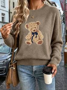 Plus Size Women's Cute Bow Teddy Bear Print Loose Long Sleeve Pullover Sweater - Earth Gray - View 7
