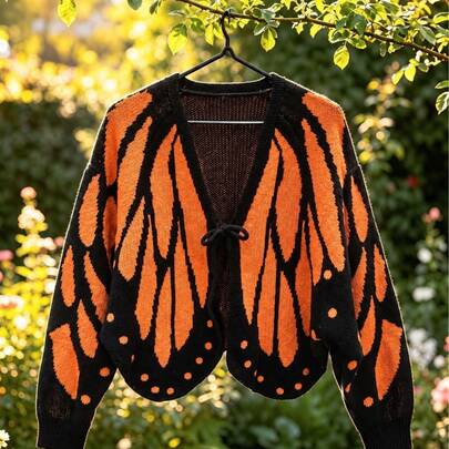 Women's Elegant Butterfly Knit Cardigan, Long Sleeve Round Neck Bowknot Ribbed Sweater, Autumn/Winter Shawl, Autumn/Winter Fashion Jacket, Back To School Dance, Fashion Week, Halloween, Christmas